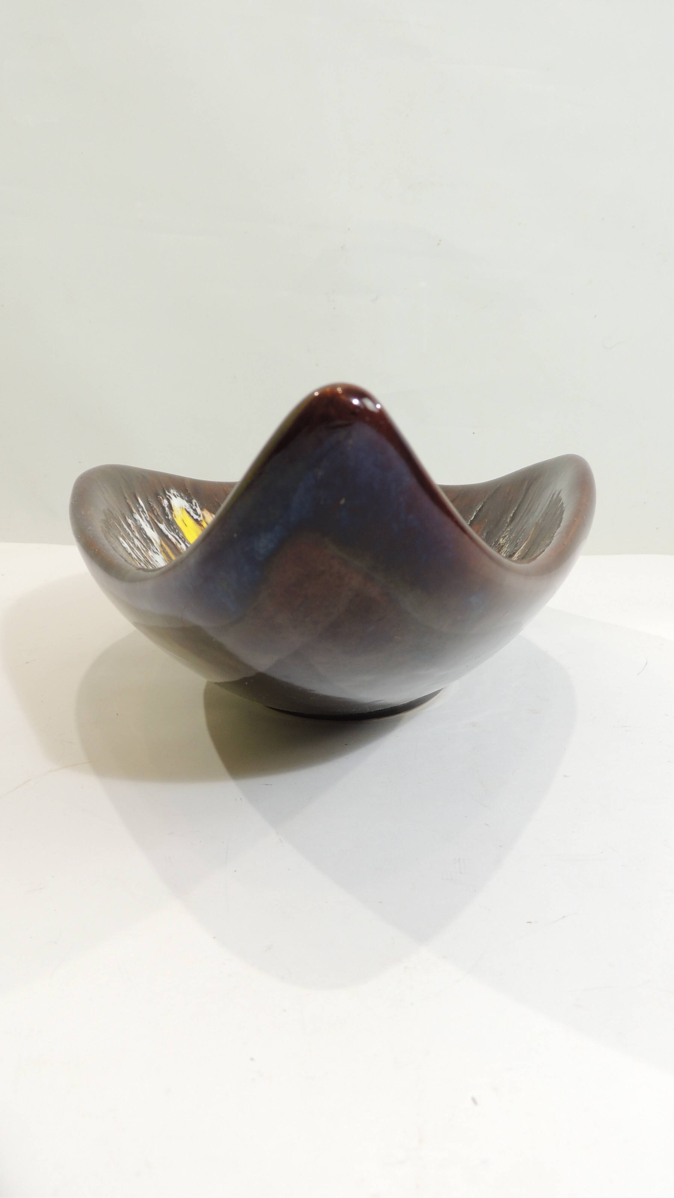 Vintage decorative dish in brown and yellow glazed ceramic from the 70s