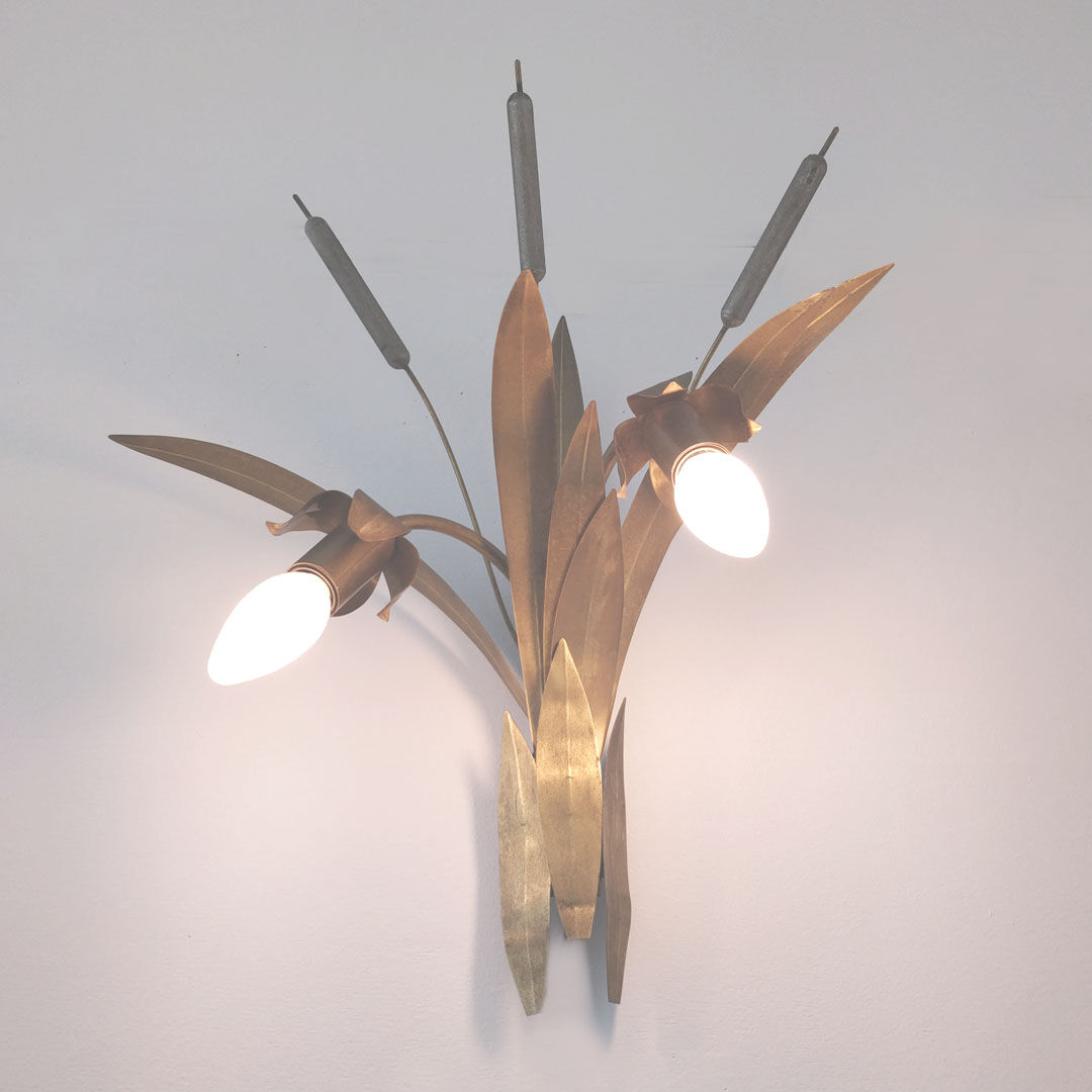 Pair reed and brass leaves sconces