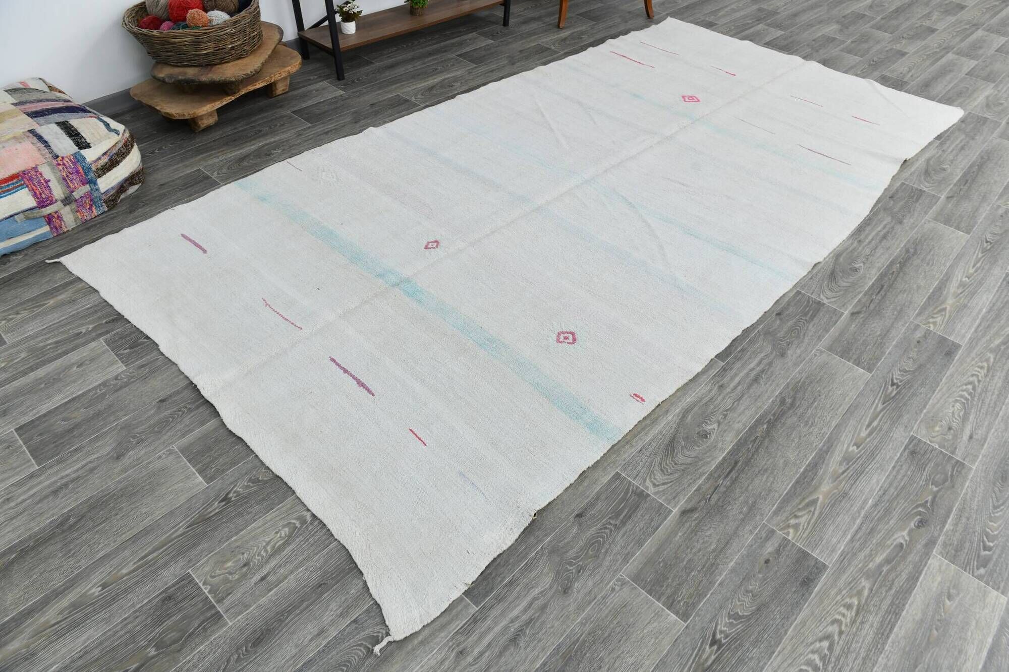 6x12 Off-White Long Wide Hand Woven Turkish Minimal Vintage Rug, 176x358 Cm