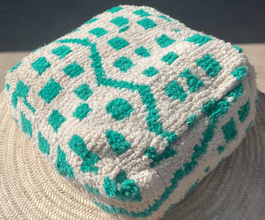 Checkered wool pouf – turquoise and white