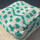 Checkered wool pouf – turquoise and white