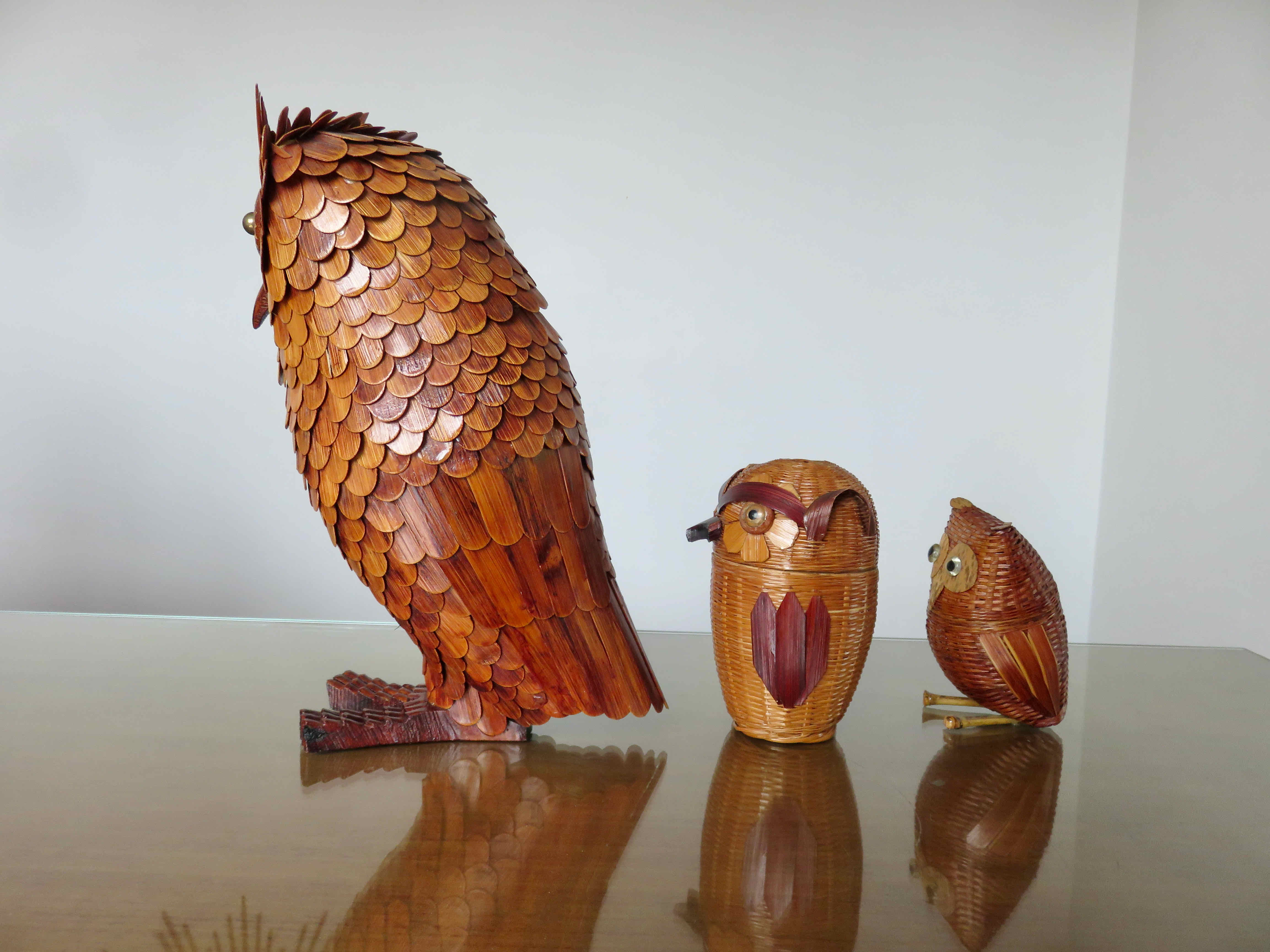 Set of 3 boxes "owl" bamboo 70s