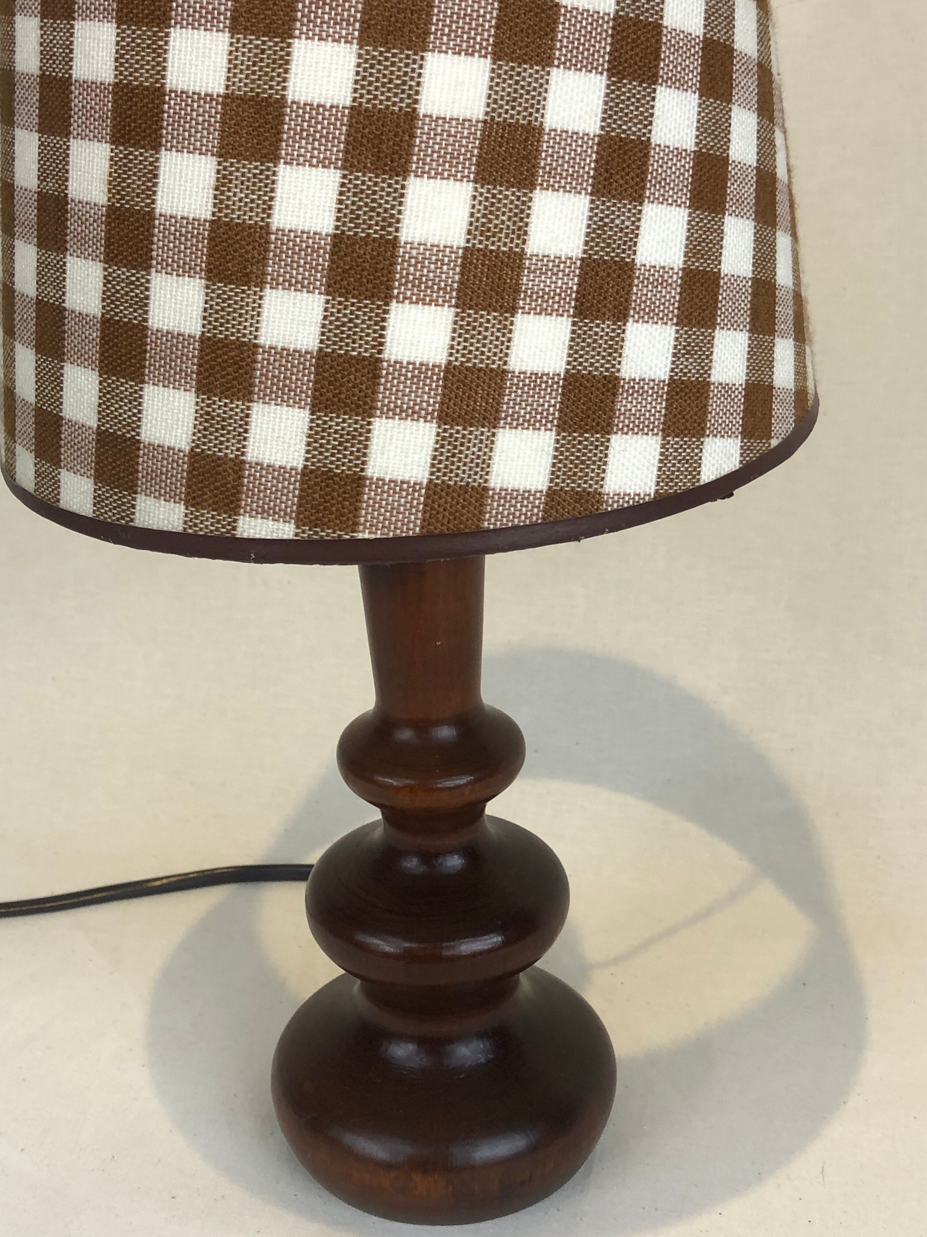 Wooden foot lamp brown tartan lampshade, cottage style