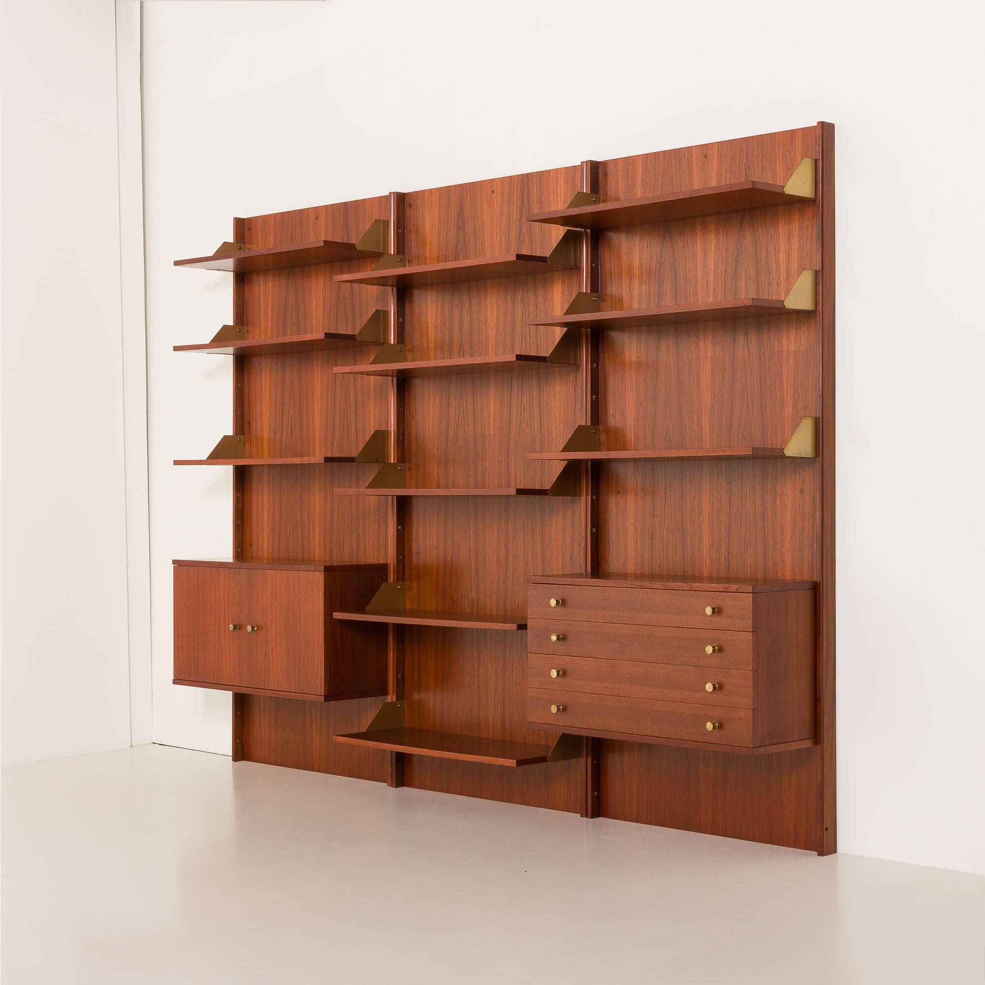 Italian mid-century teak wall unit on panels, 1970s