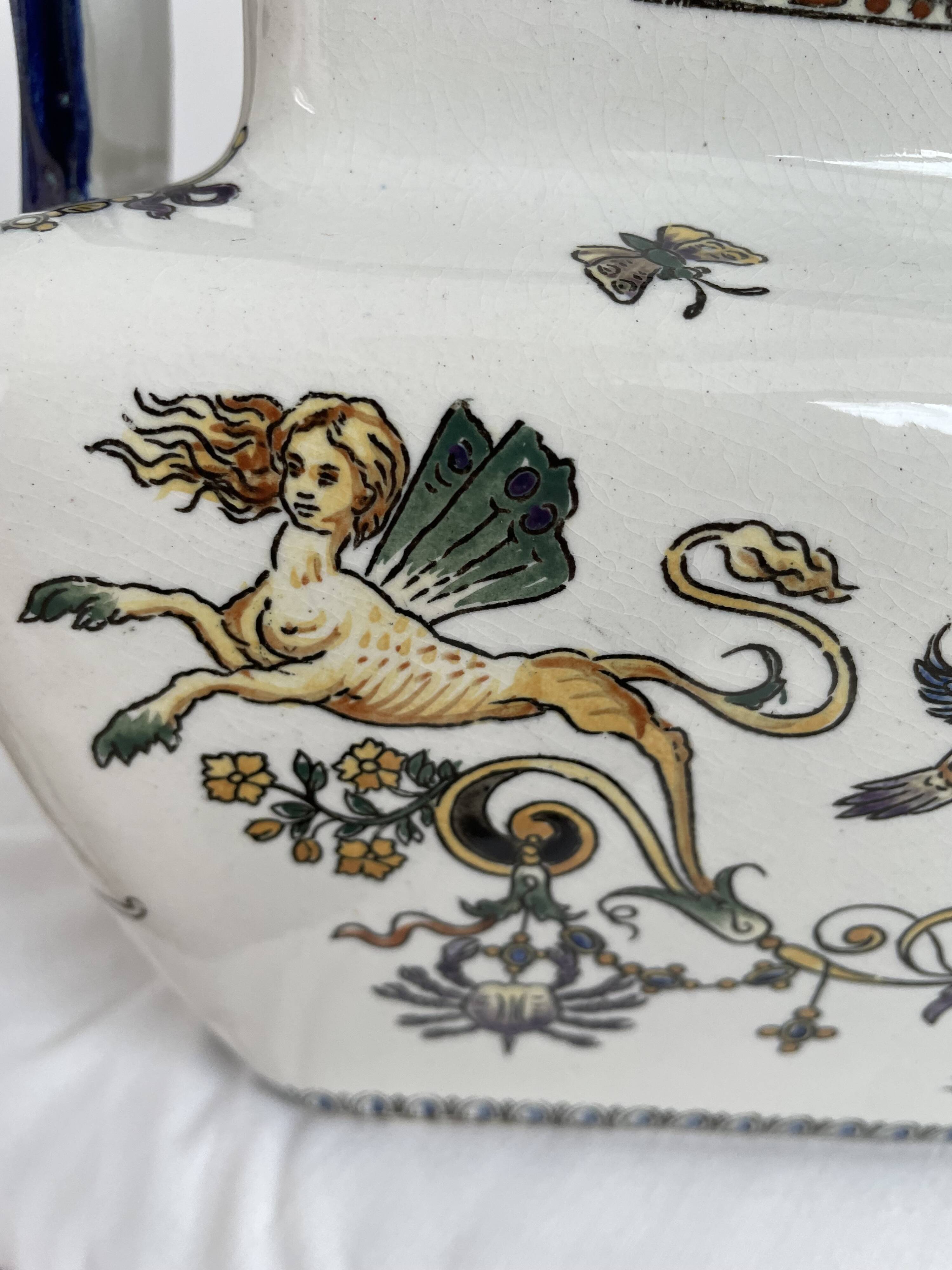 Planter, cache pot, Gien earthenware, rich decoration, Italian Renaissance, winged angel, antique decoration