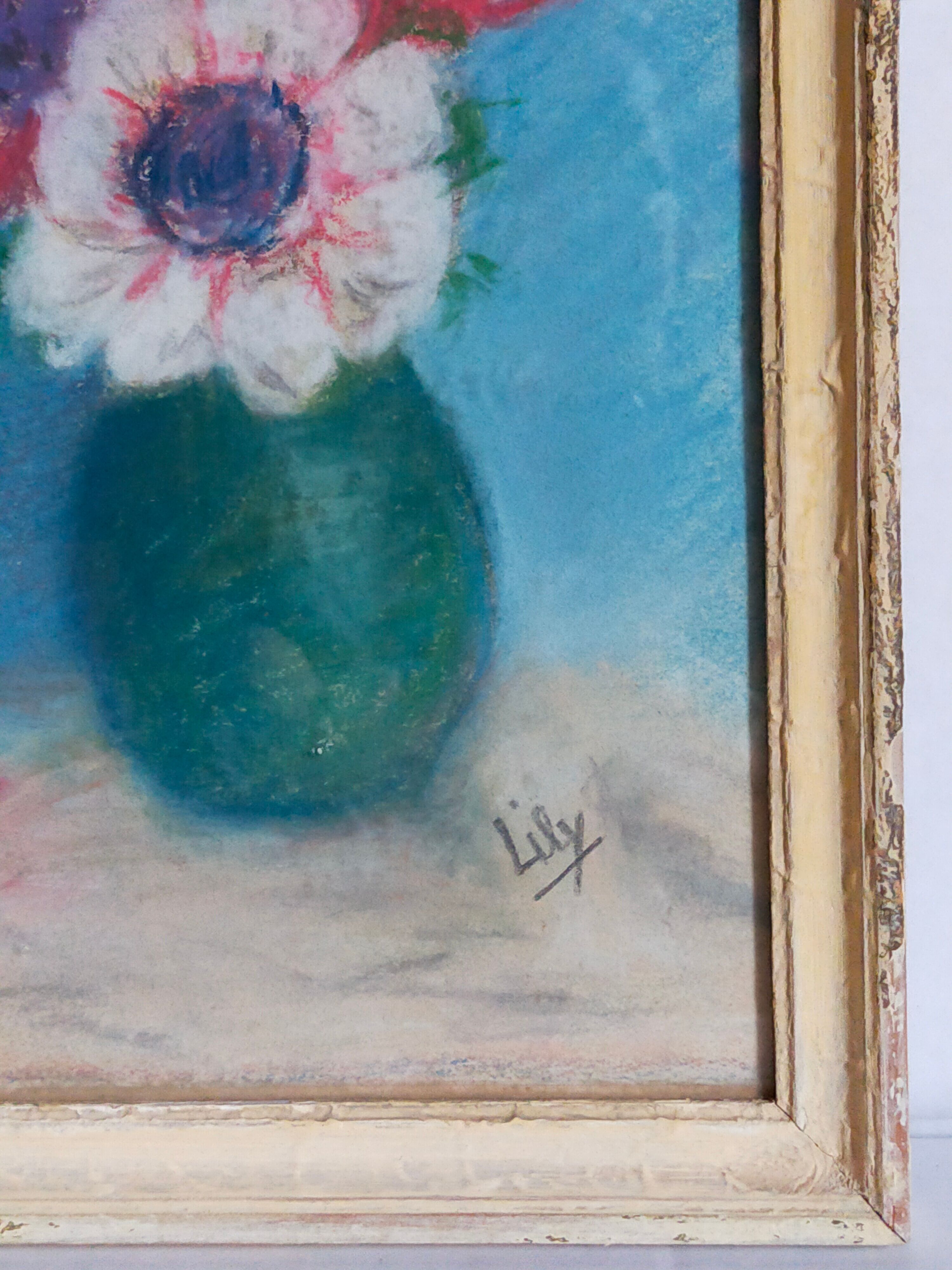 Pastel encadré "Les anémones" vintage