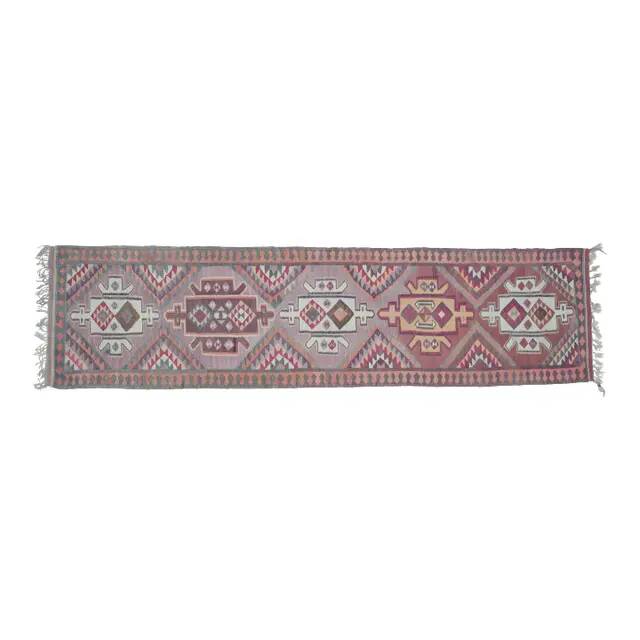 1970s Vintage Turkish Oushak Handmade Wool Cotton Purple Runner Rug 97x385