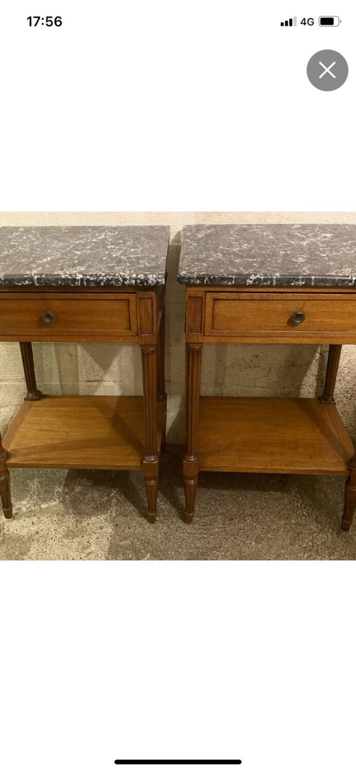 Louis XVI style bedside tables in solid walnut and grey marble