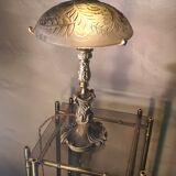 Louis XV bronze lamp rocaille style 34x25, molded glass lampshade signed Stella