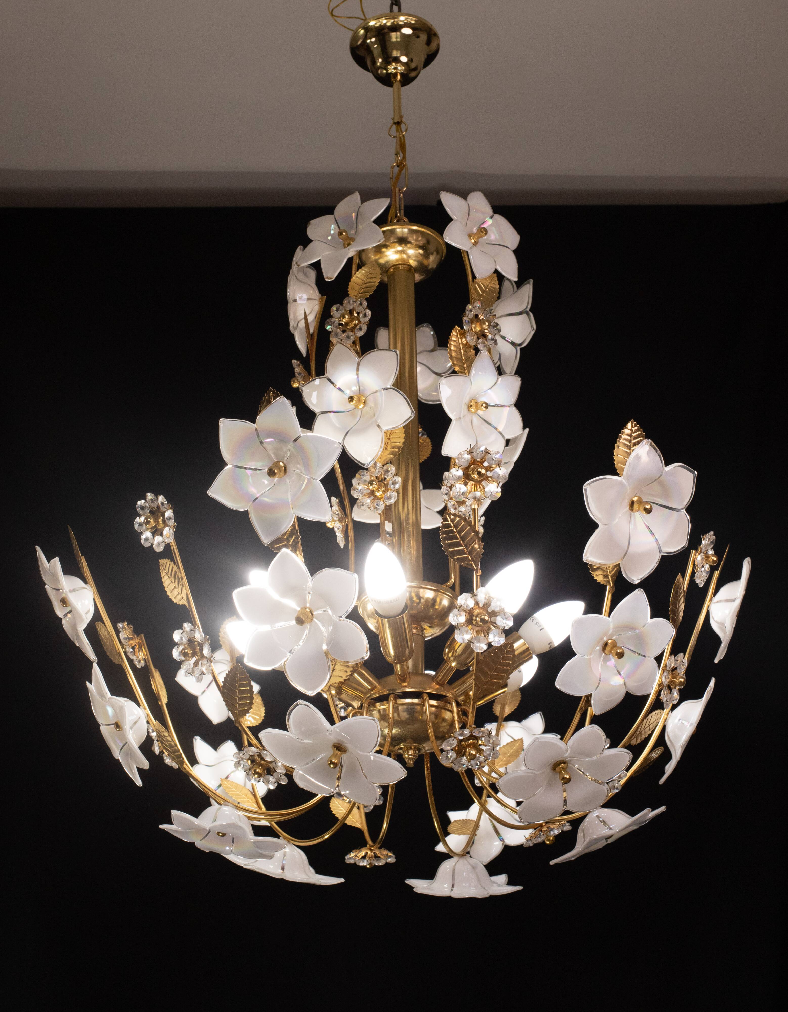 Large Size Vintage Murano Glass Chandelier White Flowers, 1970