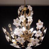 Large Size Vintage Murano Glass Chandelier White Flowers, 1970