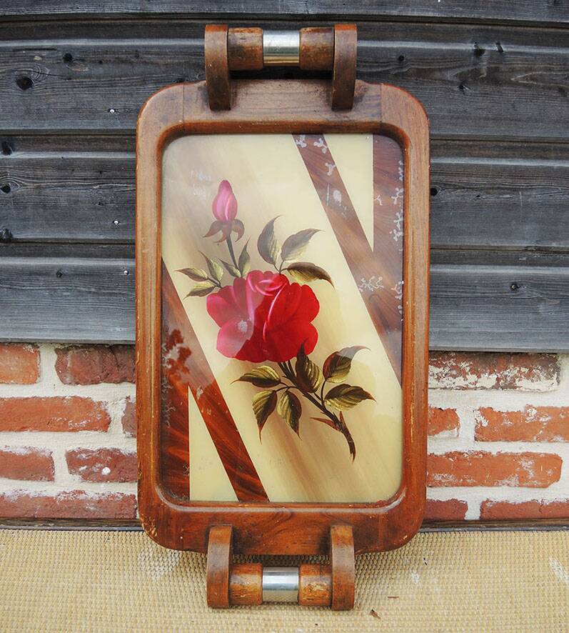 Vintage large Art Deco wooden tray – rose decoration