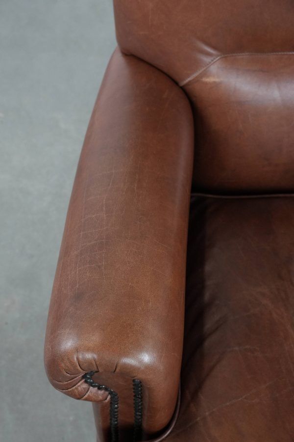Comfortable Armchair Made of Cognac-Coloured Cow Leather in English Style