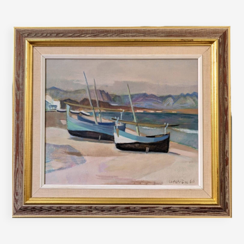 Peinture à l’huile côtière vintage suédoise moderne du milieu du siècle « Calm Shore », encadrée