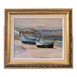 Mid-Century Modern Swedish "Calm Shore" Vintage Coastal Oil Painting, Framed