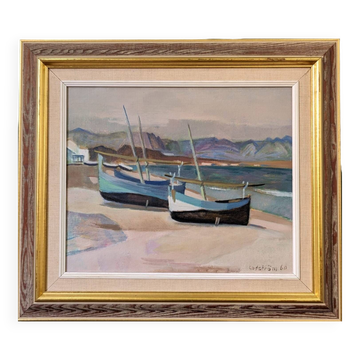 Peinture à l’huile côtière vintage suédoise moderne du milieu du siècle « Calm Shore », encadrée