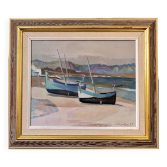 Mid-Century Modern Swedish "Calm Shore" Vintage Coastal Oil Painting, Framed