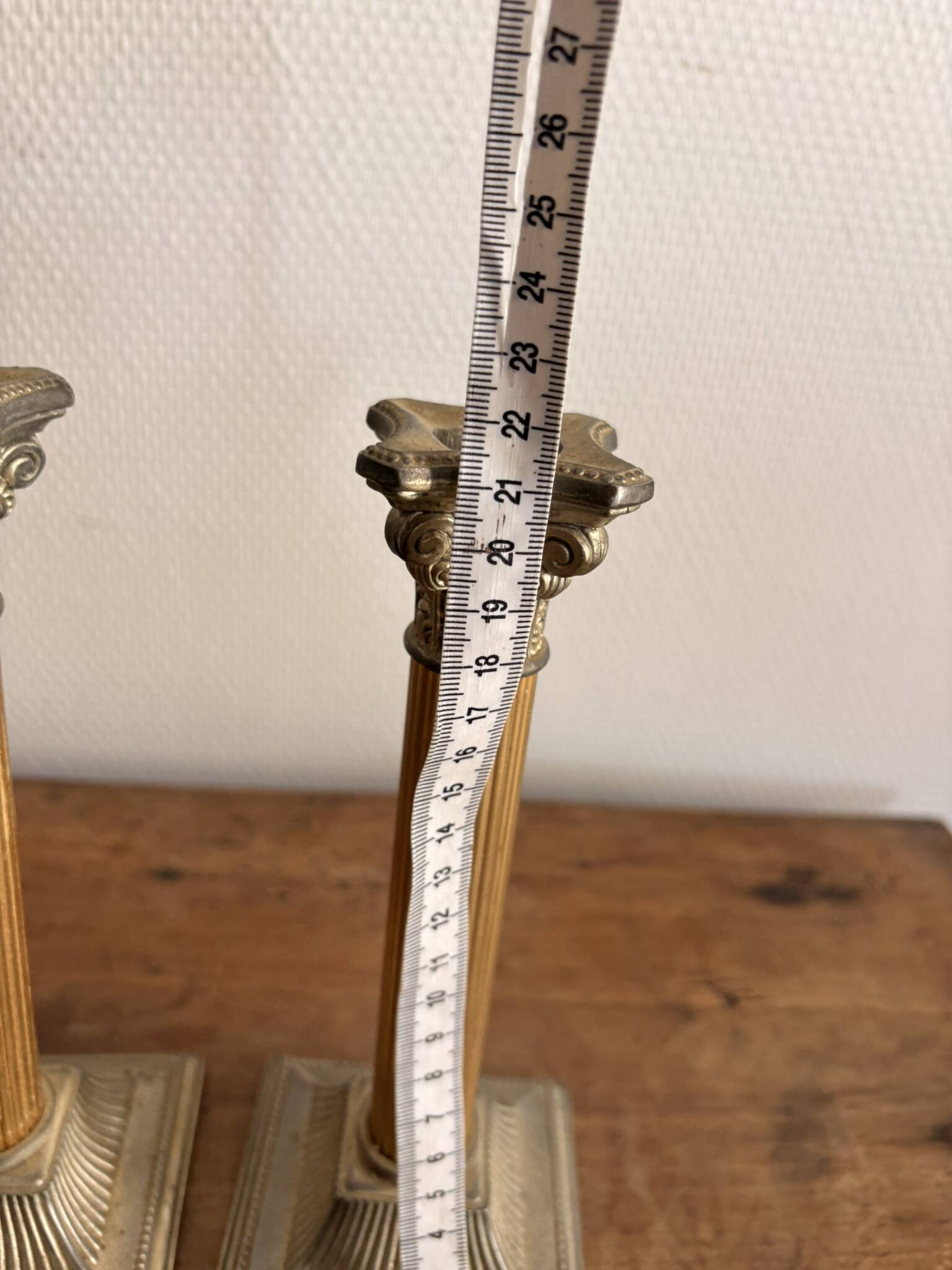 Pair of Silver Metal Candle Holders Neo-Classical Fluted Corinthian Column