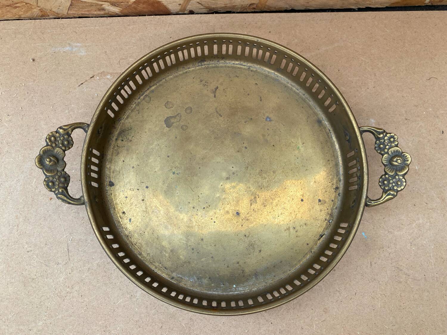 Antique openwork brass serving tray + flower handles vintage kitchen