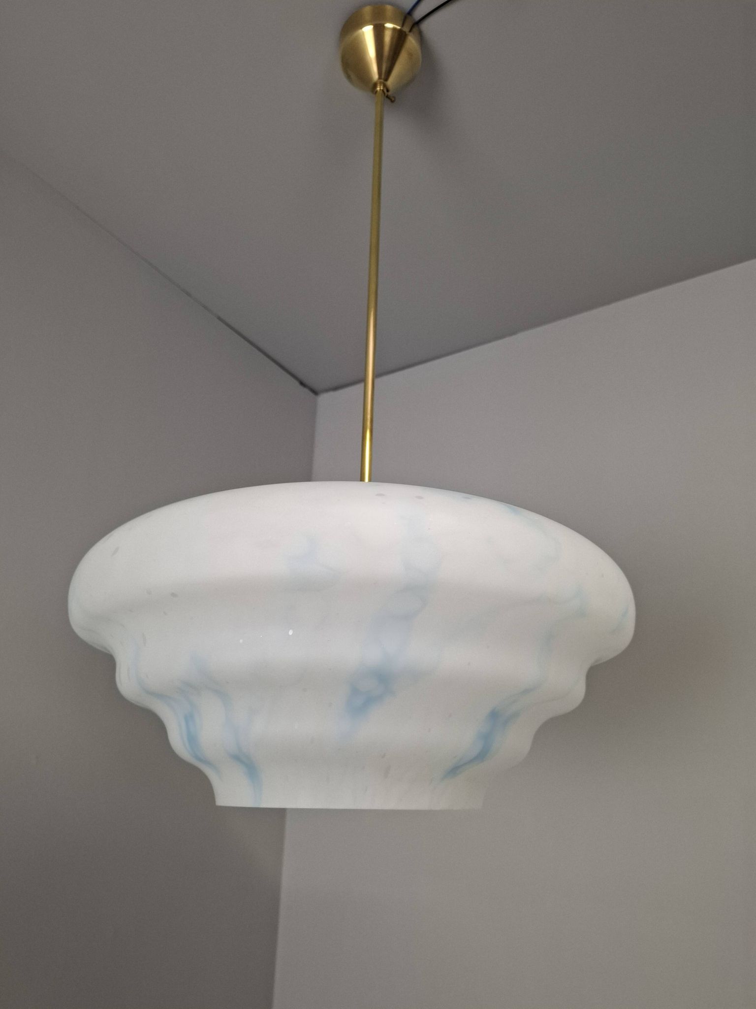 Napako Midcentury Modern Pendant Lamp in Opaline Glass and Brass, Czechoslovakia