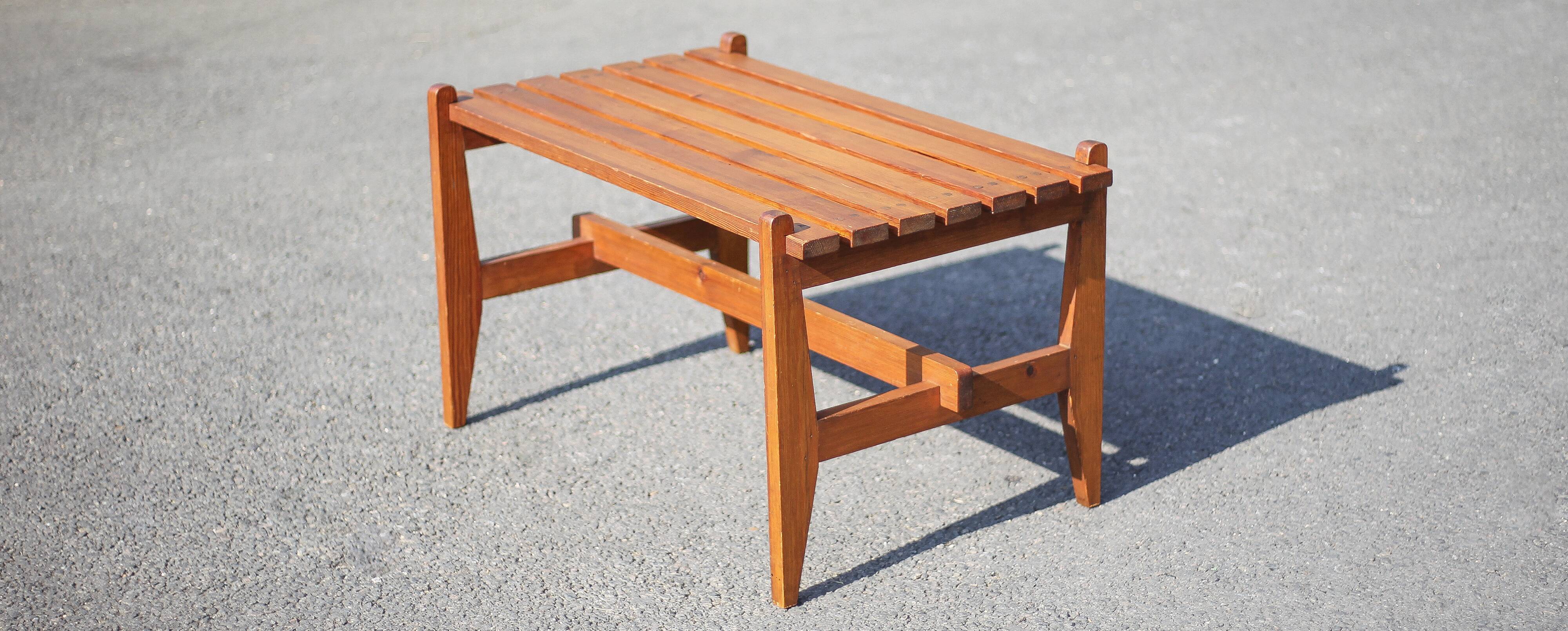 Small bench or table with vintage Scandinavian style wooden slats, wooden bench, wooden coffee table,