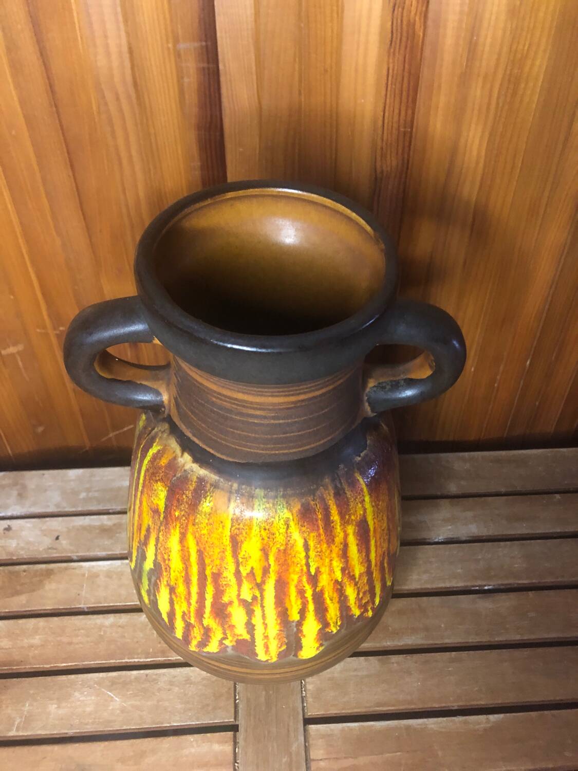 Old Vase With Handles ST CLÉMENT France Ceramic Brown & Orange Vintage #A412