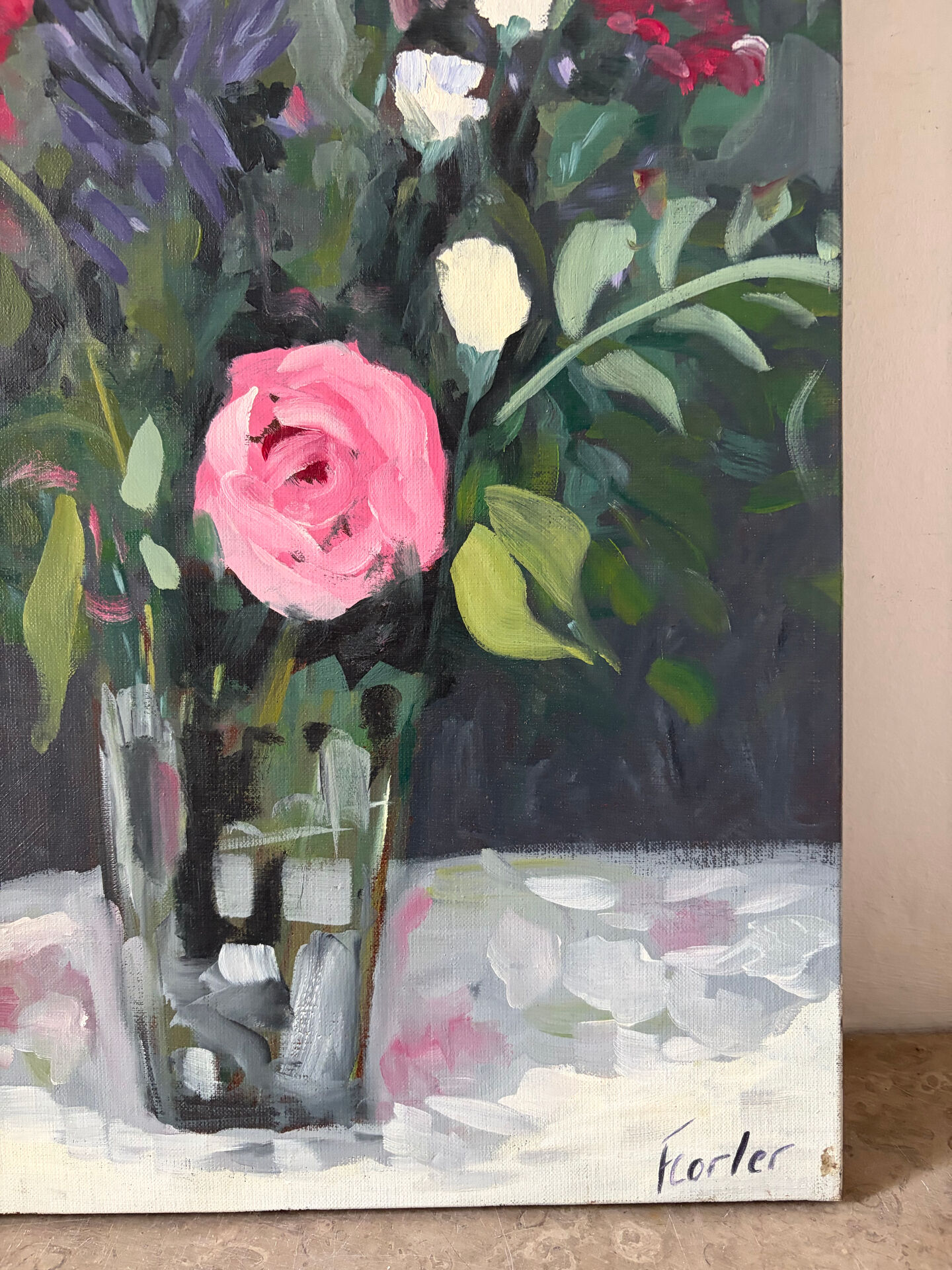 Bouquet on a table, oil on canvas signed F Corler