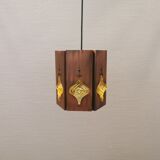 Older hanging lamp, made of metal with yellow prisms.