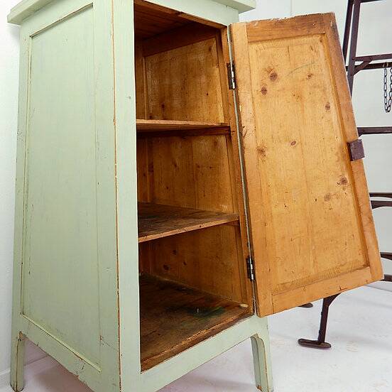 Vintage Green patinated wood Pedestal Cabinet Storage