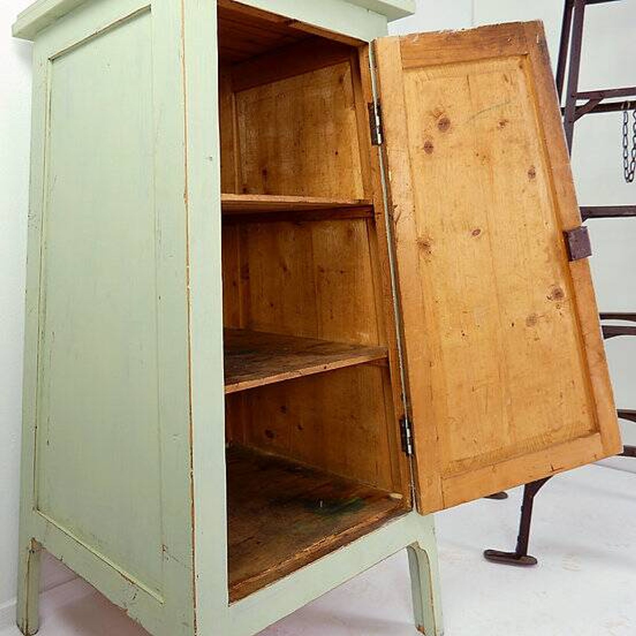 Vintage Green patinated wood Pedestal Cabinet Storage