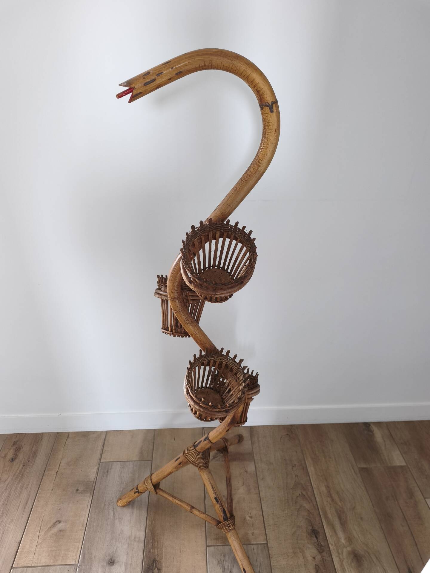 Vintage serpent plant stand in rattan and bamboo - 1960s