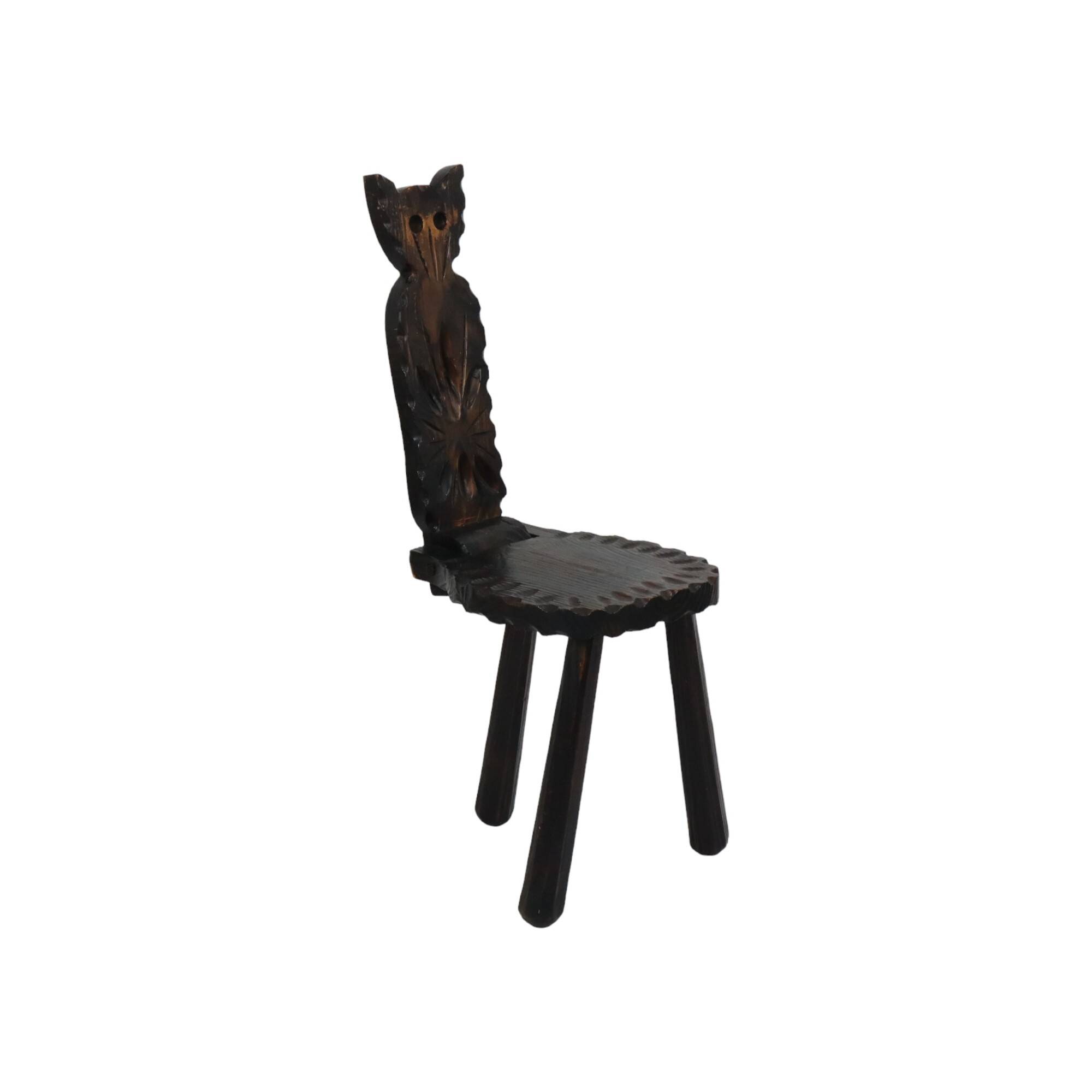 Authentic Spanish Brutalist Chair Tripod Cat Shape Solid Wood