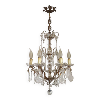 French Antique Baroque 6 Light Bronze Crystal And Glass 6 Light Chandelier 4632