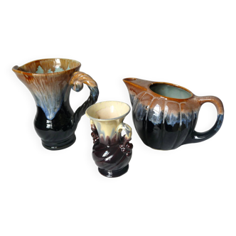 Valluris - art deco 60s signed alpho h4, 268, 538 - enamelled stoneware - lot of 3 pieces 2 carrafes 1 vase