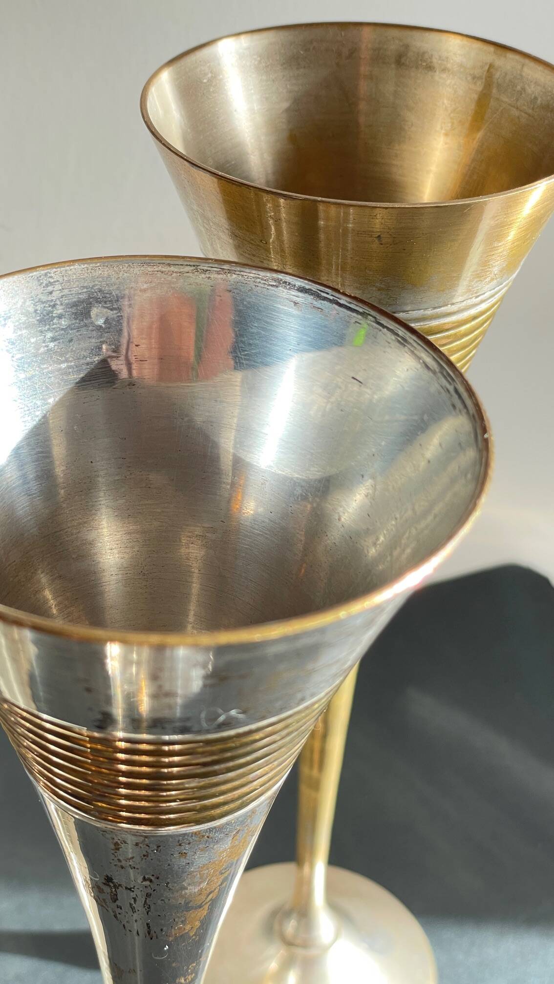 6 Vintage Silver-Plated Brass Champagne Flutes