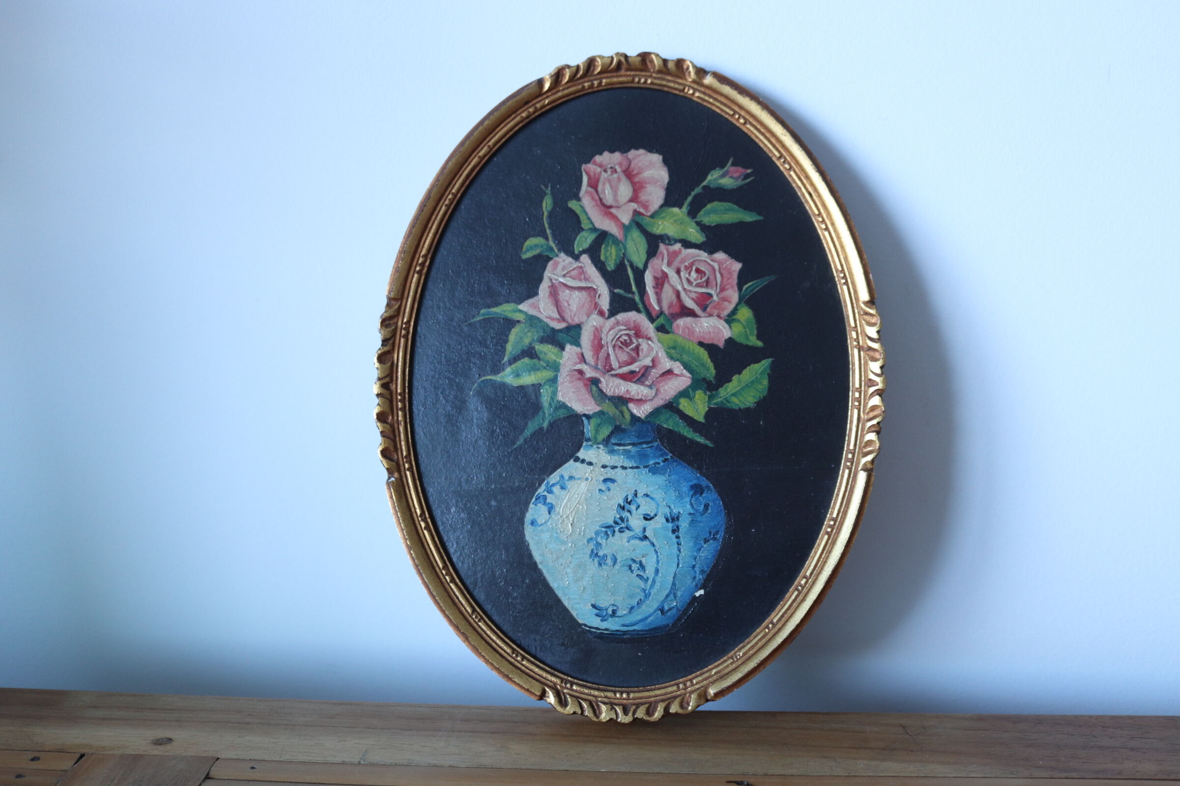 Oil on oval panel bouquet of roses