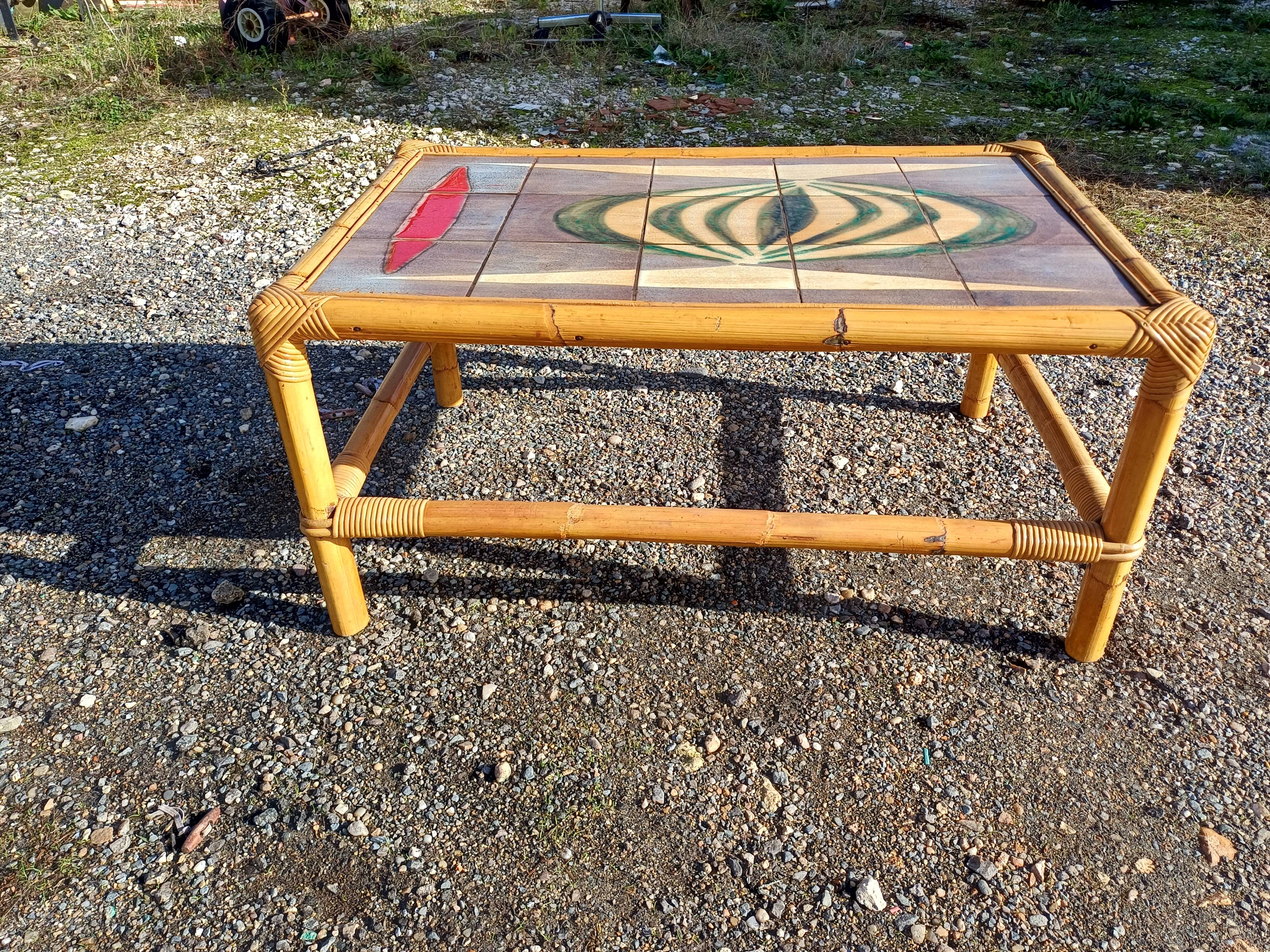 Vintage bamboo and earthenware coffee table signed jl gruer
