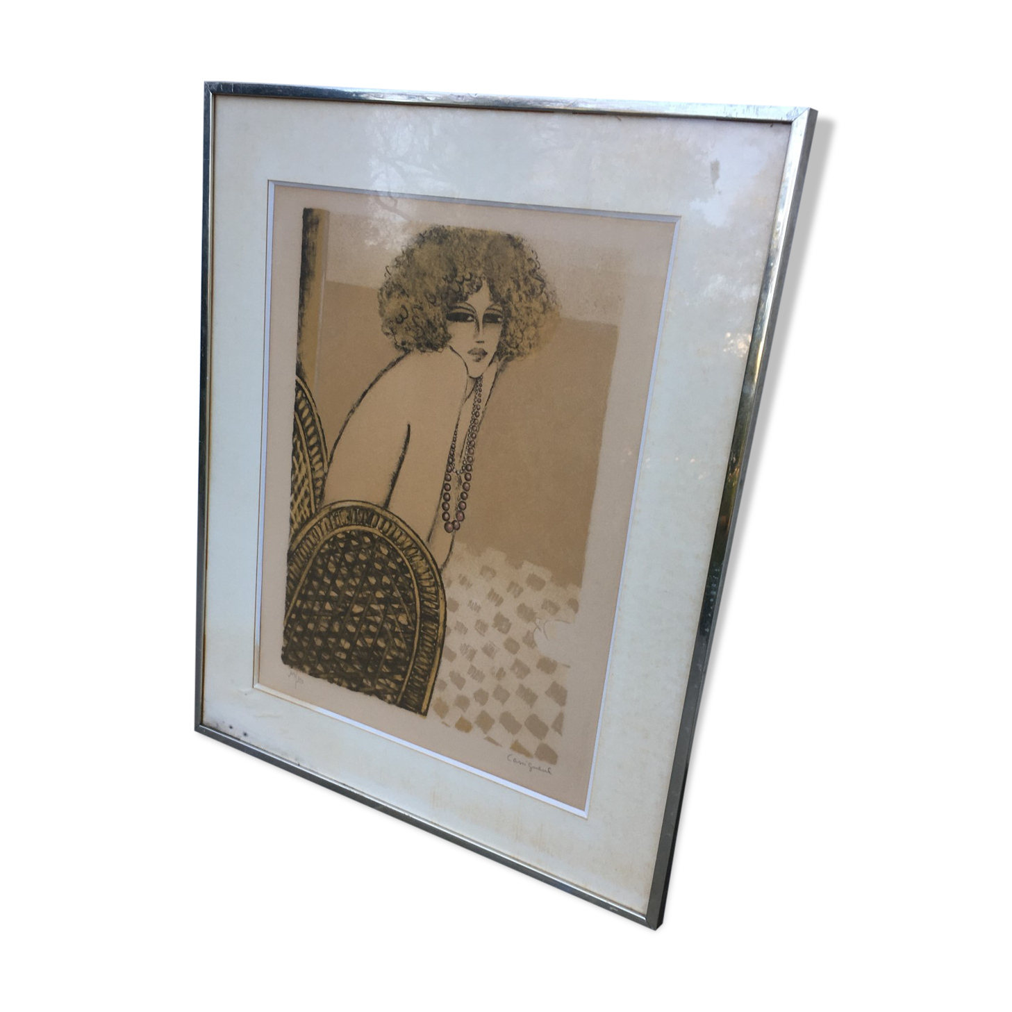 Lithographie originale signée, jeune femme au collier, Jean-Pierre Cassigneul