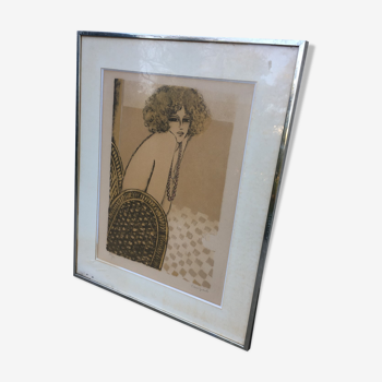 Lithographie originale signée, jeune femme au collier, Jean-Pierre Cassigneul