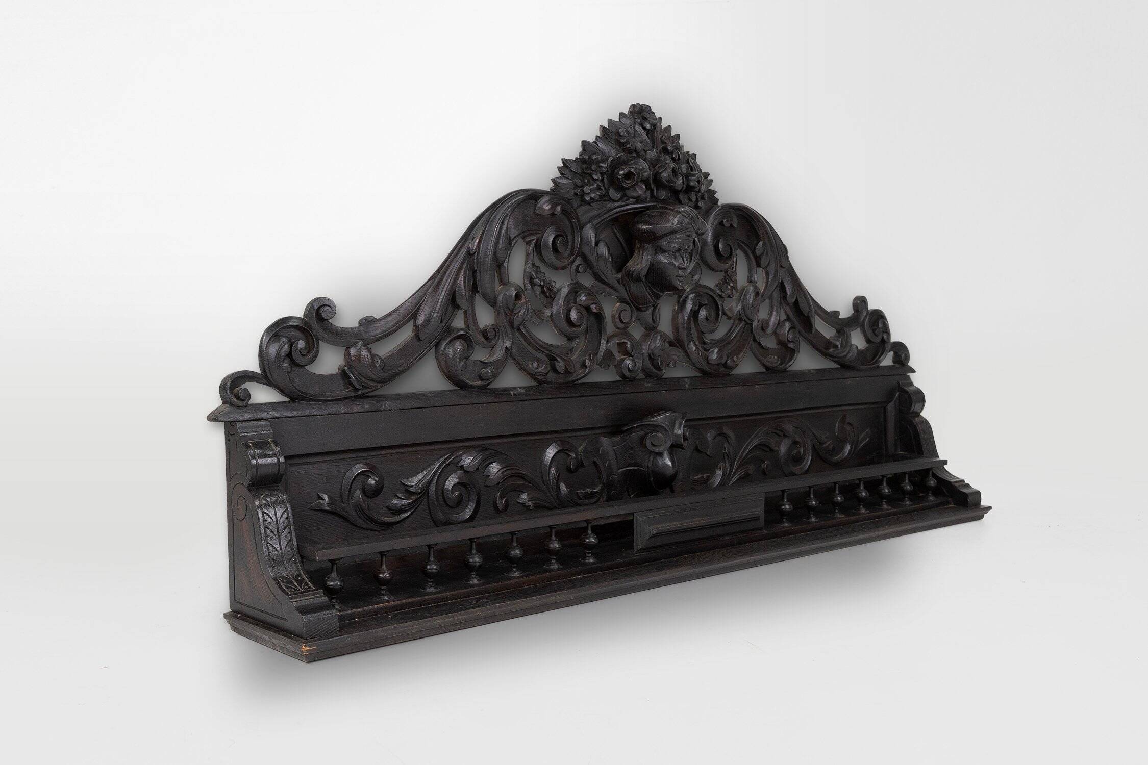 Baroque Richly Carved Black Wooden Sculptured Shelf, France, 1850s