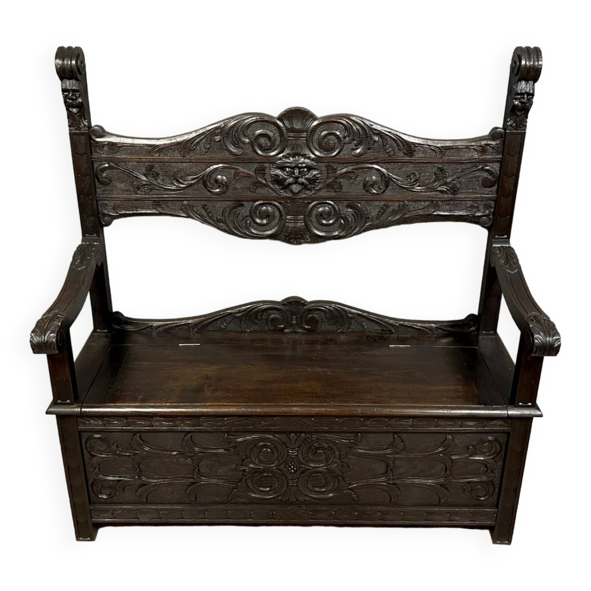 Italian Renaissance style solid wood chest bench decorated with grimacing masks