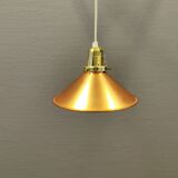 Copper hanging lamp with brass colored top and white inside lacquer.