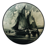 Ceramic plate with marine decoration in grisaille, hand-painted.