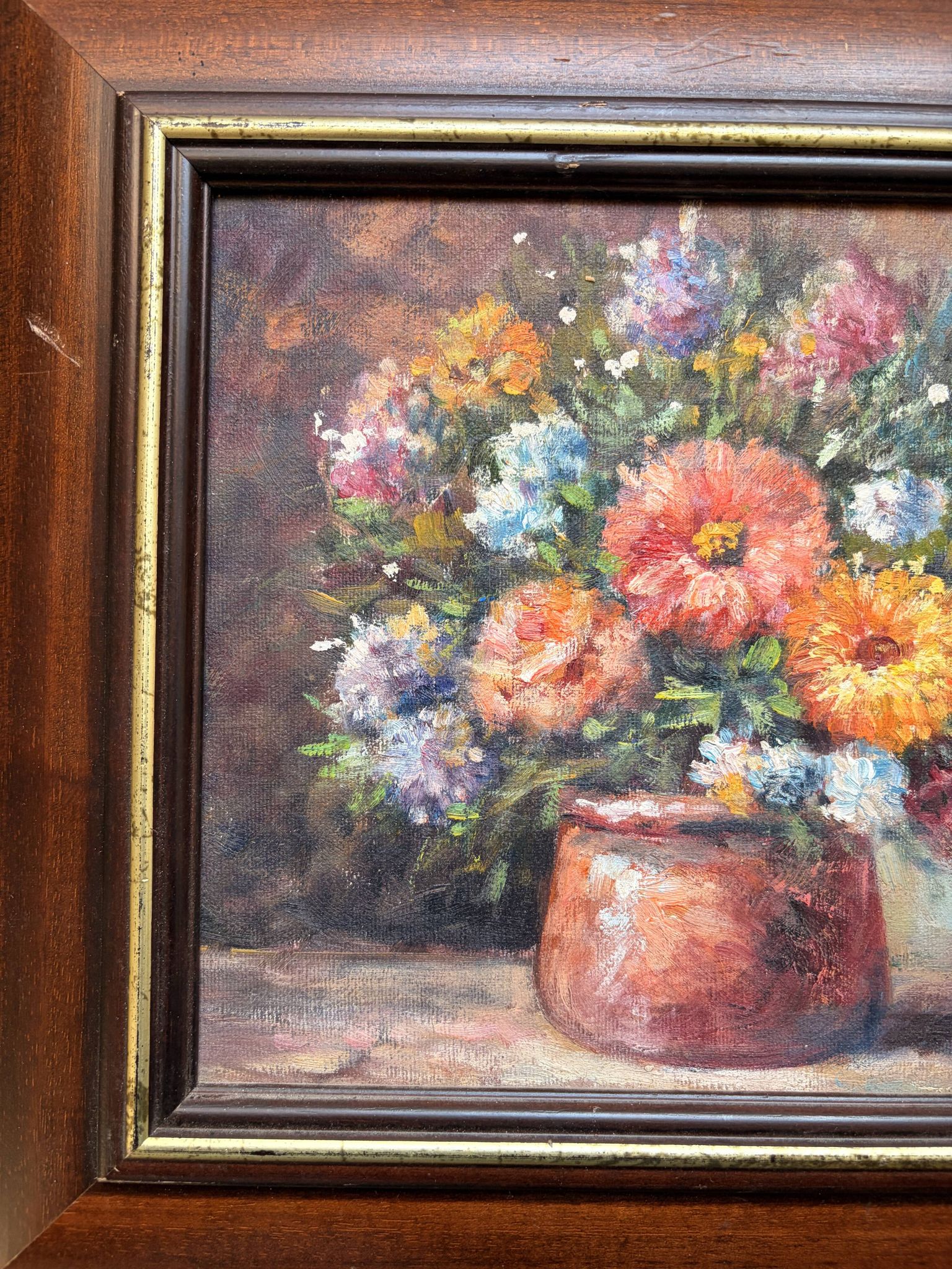 Oil Painting Bouquet of Flowers Impressionist Signed Boucher Wooden Frame