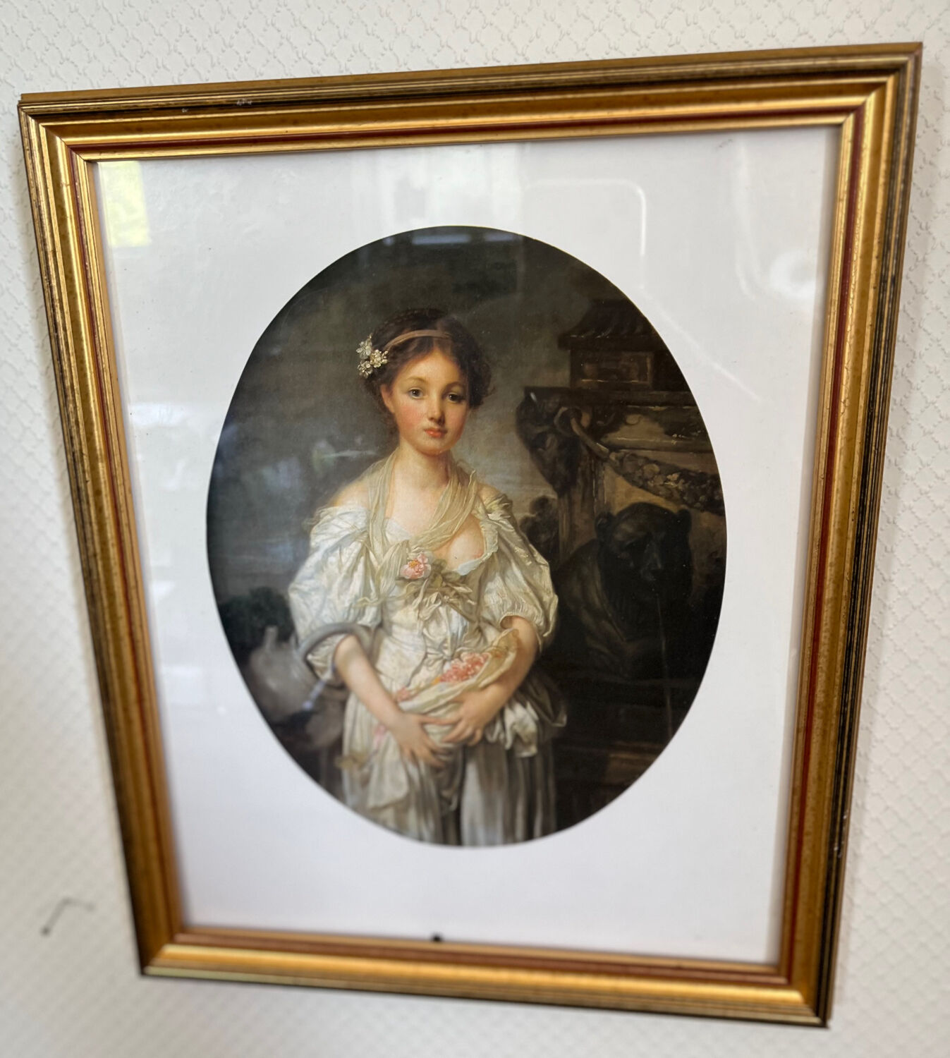 Framed antique print of the broken jug of J.B Greuze