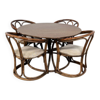 Table de Salle à Manger Ronde en Chêne et Fauteuils en Rotin, Set de 5