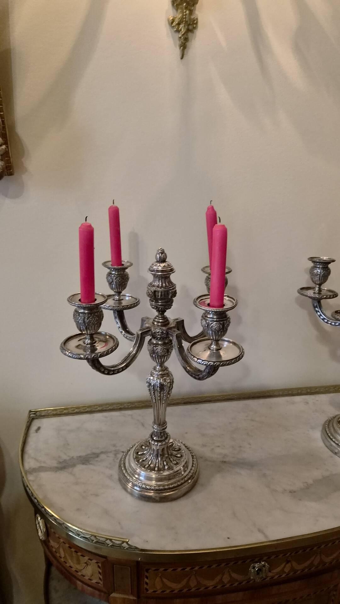 Pair of four-light candelabra in silver-plated metal in Louis style.