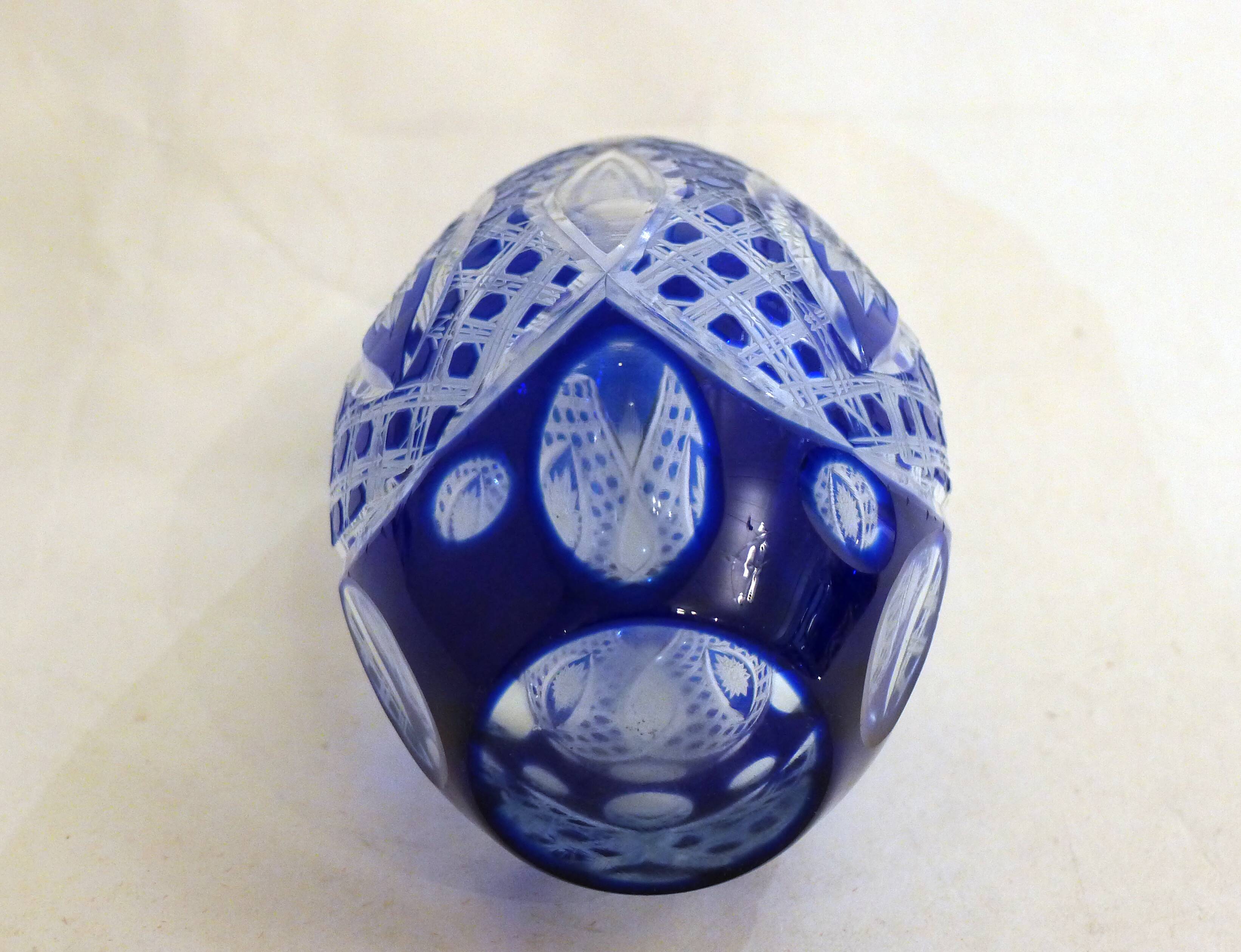 Small Bohemian crystal vase, cut with cobalt lining