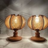 Lampes de table en bois et osier, années 60