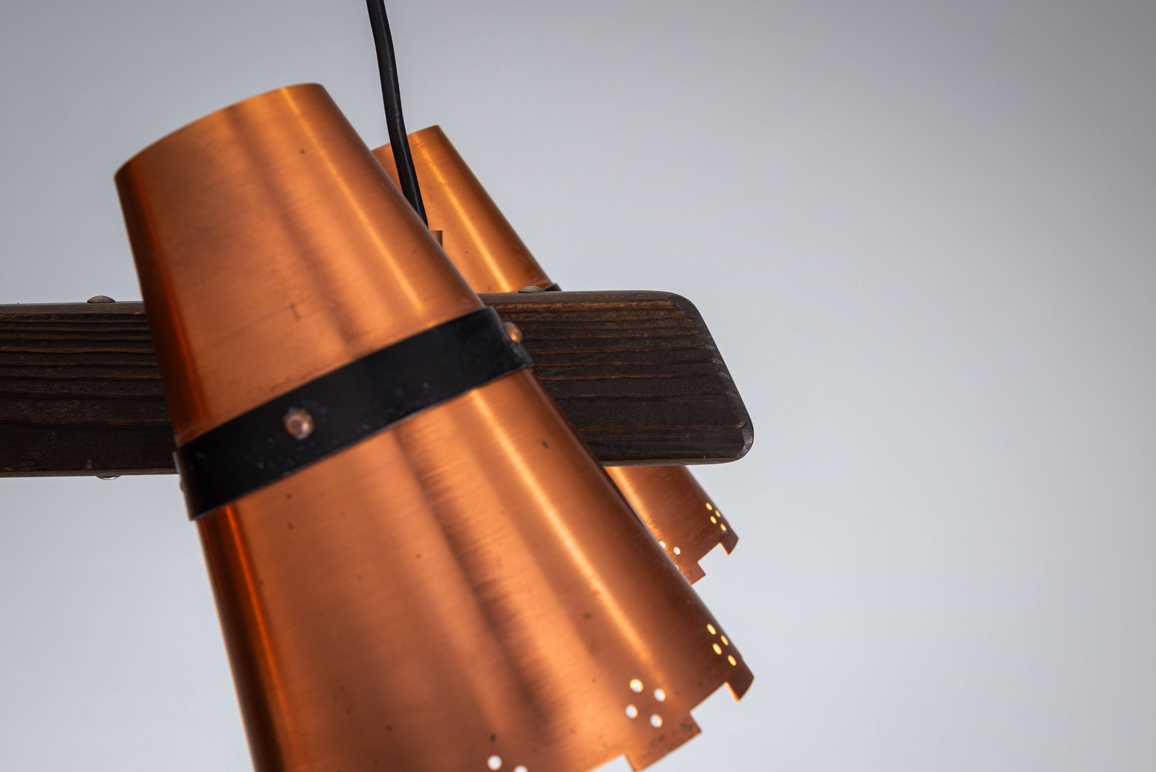 Ceiling lamp in dark stained wood with four brass shades, Sweden, 1960s